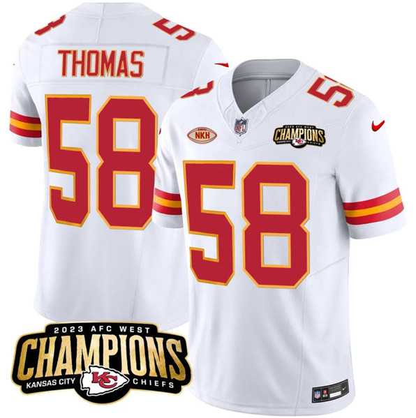 Men & Women & Youth Kansas City Chiefs #58 Derrick Thomas White 2023 F.U.S.E. AFC West Champions With NKH Patch Vapor Untouchable Limited Jersey